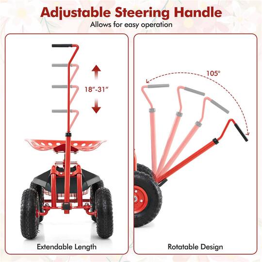 Costway Garden Cart Rolling Work Seat Wagon Scooter for Planting with Extendable Handle